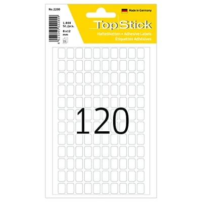 Abbildung von TopStick 2200 Vielzweck Etiketten, 18000 Stück, 8 x 12 mm, 120 pro Bogen, selbstklebend, Haushaltsetiketten zum Beschriften, matt, blanko Papier Klebeetiketten Aufkleber, weiß
