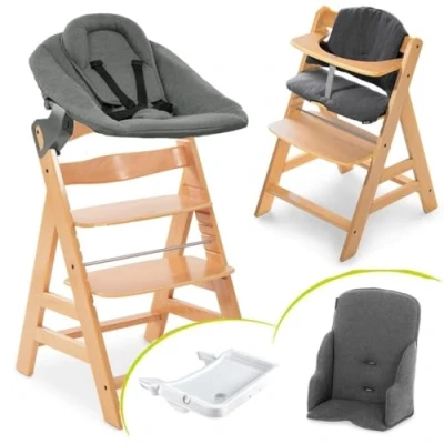 Abbildung von hauck Baby Hochstuhl Alpha XXL Set ab Geburt Premium Neugeborenenaufsatz mit 5 Punkt Gurt, Tablett und Sitzverkleinerer Mitwachsender Holz Babystuhl Liegefunktion Natur Dark Grey