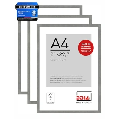 Abbildung von DEHA Design Bilderrahmen, 21 x 29,7 cm (A4) (3er Set), Aluminium, Grau matt, Dokumentenrahmen zum Aufhängen im Hoch &amp; Querformat, bruchsicheres Kunstglas, Tribeca