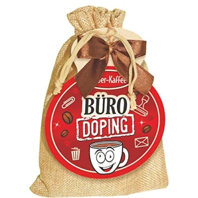 Abbildung von Kaffeesäckchen Büro Doping als Geschenk für Kaffeeliebhaber und Kaffeegenießer. Witzige Geschenkidee mit Kaffee im Jutesack