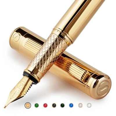 Abbildung von Scriveiner Füllfederhalter Gold Füller Edel mit 24 Karat Finish, Schmidt 18 vergoldete Feder (mittel), Bestes Geschenk für Herren und Damen, Manager, Führungskräfte