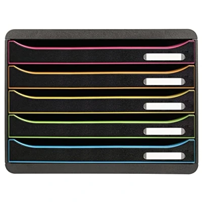 Abbildung von Exacompta 308914D Ablagebox Harlekin mit 5 Schubladen für DIN A4+ Dokumente. Belastbare Schubladenbox hoher Kapazität mehr Platz auf dem Schreibtisch Big Box Plus Horizon SchwarzBunt