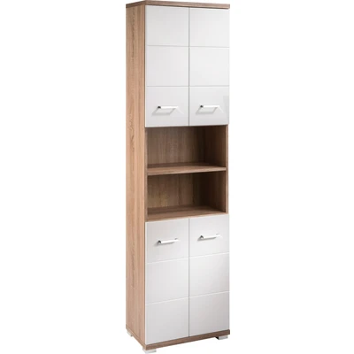 Abbildung von byLIVING Badezimmer Hochschrank Nebraska/Sonoma Eiche Optik hell braun / 4 Türen Hochglanz weiß lackiert/Badezimmerschrank/Badschrank offene Elementen/viel Stauraum/B 50, H 192, T 31,5 cm