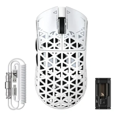 Abbildung von ATTACK SHARK R5 Ultra Carbonfaser Gaming Maus, 39g Superlight, 8000Hz Kabellose Mouse, 42000 DPI, PAW3950MAX Sensor, Nordic 52840 MCU, Bluetooth/2.4G/Kabelgebundene, mit Spiralkabel, PC/Mac, Weiß