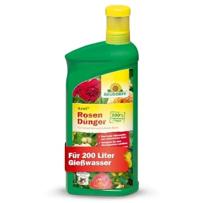 Abbildung von Neudorff Gartendünger Bio Azet RosenDünger 1L für 200L Gießwasser, 100% organisch und vegan Dünger mit Extra Kalium, blütenreiche intensiv duftende Rosen auf Balkon oder Garten, praktischem Dosierbecher