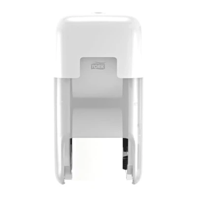 Abbildung von Tork OptiServe Doppelrollenspender für Hülsenloses Toilettenpapier Weiß T7, vertikaler Toilettenrollenspender, Elevation Design, 558041