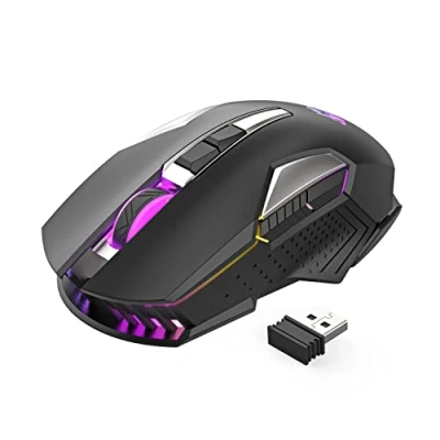 Abbildung von Kabellose Gaming Maus, 2400 DPI, Seitentaste, USB Empfänger, Atmung RGB Beleuchtung, 7 Tasten Lautloses Klicken, 2.4 GHz Wiederaufladbar Wireless Mouse, Maus für Laptop, PC Schwarz