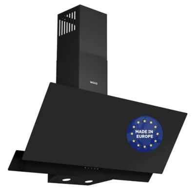 Abbildung von Wiggo A942G Dunstabzugshaube 90cm kopffrei I Abluft Umluft Dunstabzug 626m3/h Touch Display 4 Stufen Energieeffizienzklasse A Schräghaube inkl. 2x Kohlefilter Abzugshaube Glasfront schwarz
