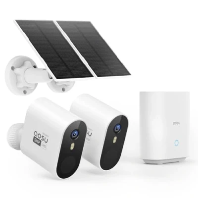 Abbildung von AOSU 3K Überwachungskamera Aussen Solar Akku Set, 5MP 2er Kamera Outdoor WLAN Überwachungs Außen Schärfer als 2K, Ohne ABO, 32G Lokale Homebase, Farb Nachtsicht, Aussenkamera, Automatische Verfolgung