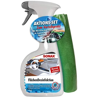 Abbildung von SONAX FlächenDesinfektion 500 ml + MicrofaserTuch Auto Reinigungsmittel