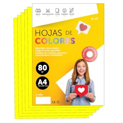 Abbildung von Buntes Papier A4 80g für Drucker &amp; Basteln, Farbige Blätter Kinder, Kreativprojekte, Karten Schule M office (100 Blatt, Gelb Neon)