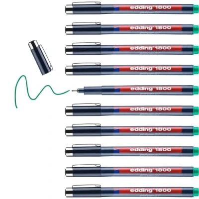 Abbildung von edding 1800 Präzisionsfeinschreiber grün 10 Stifte Linienbreite 0,7 mm Fineliner zum präzisen Schreiben und Skizzieren feine, metallgefasste Spitze Lineal schablonengeeignet