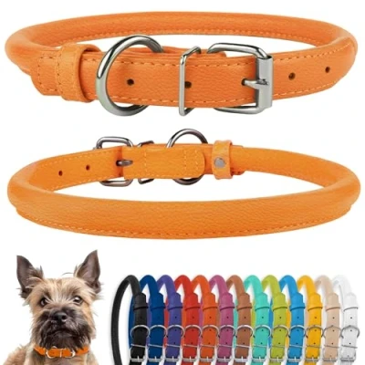 Abbildung von CollarDirect Rundes Leder Hundehalsband, weich gepolstert gerollt, handgefertigtes Echtleder Halsband für Hund Welpe Katze Klein Groß Schwarz Rosa Rot Lila Blau