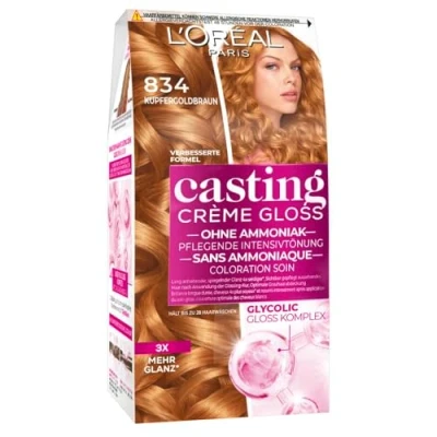 Abbildung von L&#039;Oréal Paris Coloration ohne Ammoniak und Silikone, Pflegende Intensivtönung mit Glanz Reflex Balsam, Casting Crème Gloss Haarfarbe, Nr. 834 Kupfergoldblond, 1 Stück