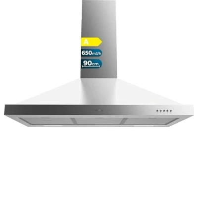 Abbildung von Cecotec Bolero Flux PM 906500 Edelstahl A pyramidenförmige Dunstabzugshaube, Motor 165 W, schwarzes Finish, Saugleistung 650 m3/h, mechanische Steuerung, 3 Leistungsstufen, Licht und