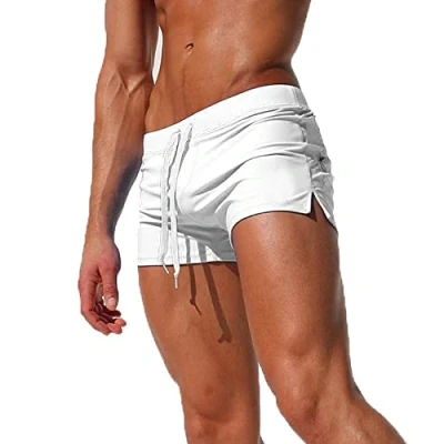 Abbildung von TMEOG Badeshorts für Herren Badehose Kurz Badehosen Männer Eng Schwimmhose Boxer Badepants Wassersport Kurze Hose Schnelltrocknende Strandshorts mit Reissverschluss (EU M/Tag L, Weiß)