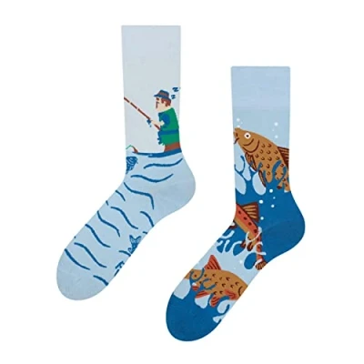 Abbildung von Dedoles Socken Unisex Damen Herren &amp; Kinder Baumwolle viele lustige Designs 1 Paar Geschenk links rechts verschieden, Farbe Blau, Motiv Fischerei, Gr. 39 42