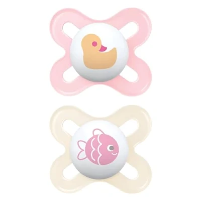 Abbildung von MAM Original Start Schnuller für Neugeborene im 2er Set Größe 0 2 Monate, Sauger aus Naturkautschuk, bio rund, mit Schnullertasche, beige