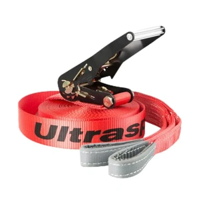 Abbildung von Ultrasport 25 m mit Ratsche, Slackline Set für Anfänger und Kinder, Ratschenschutz robuste Tragetasche, Slack Line Funsport, 50 mm breit, rot, 25m