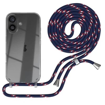 Abbildung von EAZY CASE Handykette kompatibel mit iPhone 16 Handyhülle Umhängeband, Handykordel Schutzhülle, Silikonhülle, Hülle Band, Stylische Kette für Smartphone, Navy Camouflage