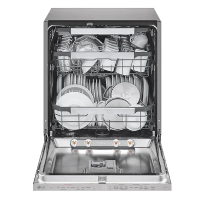 Abbildung von LG DB597TXS, Energieklasse A 20%, vollintegrierbarer Geschirrspüler, Spülmaschine mit Besteckschublade, automatische Türöffnung bei Trocknung, Dampfreinigung, besonders leise, Silber