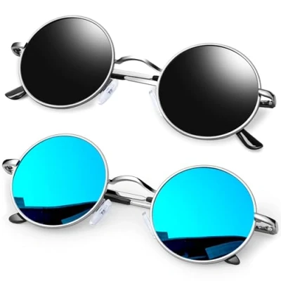 Abbildung von KANASTAL Runde Sonnenbrille Herren Damen Klassische Retro Polarisierte Rund mit Metallrahmen Vintage Hippie Rave Brille UV400 Schutz, Silber Rahmen Schwarze Gläser