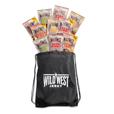 Abbildung von Wild West Beef Jerky, Mix Box 60g, 10er Pack + Sportsbag, 2x Original, Honey BBQ, Jalapeno, Steak Strips BBQ Jerky high Protein Trockenfleisch