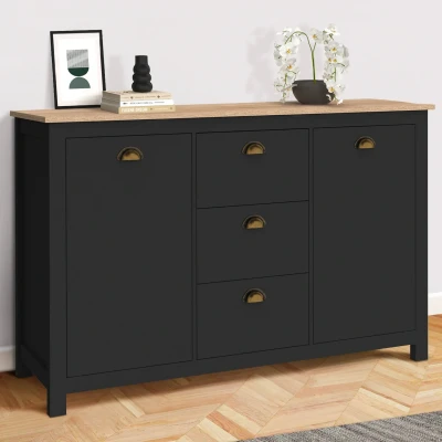 Abbildung von Country Sideboard 130 CM 2 Türen 3 Schubladen Holz und Schwarz IDMarket