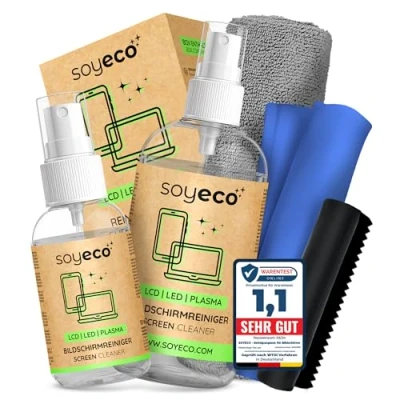 Abbildung von SOYECO Bildschirmreiniger Set 250 &amp; 50ml inkl. DREI Mikrofasertücher Display Reiniger für Smartphone, Laptop, Tablet, Monitore und TV (LCD/TFT, LED, OLED) Screen Cleaner (Schadstofffrei)