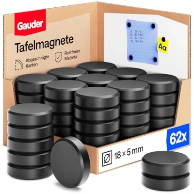 Abbildung von GAUDER Magnete für Magnettafel (62 Stück 18 x 5 mm) Starke Tafelmagnete Whiteboard, Pinnwand, Kühlschrank &amp; Büro Runde, schwarze Kühlschrankmagnete mit hoher Haftkraft