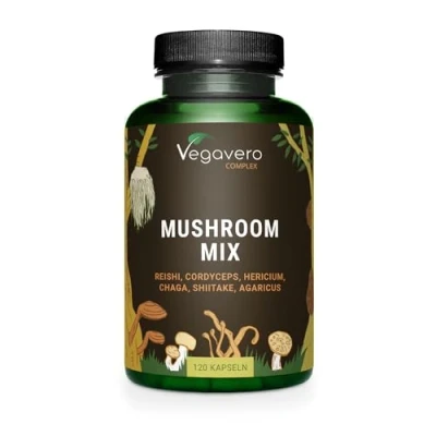 Abbildung von Mushroom Complex 6 Vitalpilze: Reishi, Cordyceps, Shiitake, Chaga, Hericium, Agaricus Premium: Beta Glucane + Polysaccharide Laborgeprüft Vegan Pur Deutsche Produktion von Vegavero®