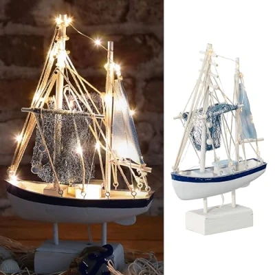 Abbildung von Cepewa LED Fischkutter H32cm blau weiß Polyresin 22LEDs warmweiß Fischerboot in Holzoptik Fischernetz An /Ausschalter