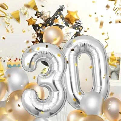 Abbildung von 30 Geburtstag Deko zahlen luftballon jahre Folienballon Sliber für 30. Geburtstagsdeko Männer Frauen Ballon Zahl zum fliegt mit Helium 30.Geburtstagsparty 40&quot; 101cm Sliver,