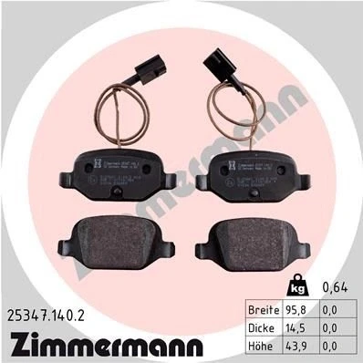 Abbildung von ZIMMERMANN 25347.140.2 Bremsbelagsatz inkl. Verschleißwarnkontakt mit Schrauben Foto entspricht Lieferumfang FIAT: 500 Schrägheck, C Cabrio