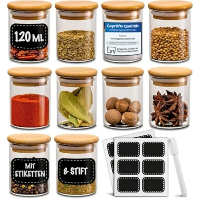 Abbildung von Praknu Vorratsglas 10 Gewürzgläser 120ml + Etiketten, Glas, (Set, tlg), mit Etiketten 120 ml Groß Luftdicht Spülmaschinenfest