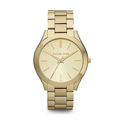 Abbildung von Michael Kors Damen Quartz Armbanduhr, 42.00mm GehäusegröÃŸe mit champagnerfarben analog Zifferblatt und Gold Metallarmband Armband MK3179