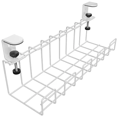 Abbildung von Kabelkanal Schreibtisch klemmbar für Ordnung am Arbeitsplatz Kabelmanagement Kabel, Ladegeräte &amp; Steckdosenleisten werkzeugfrei (Größe M, weißes Metall, Kabelorganizer/Kabelhalter) KD Essentials