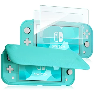 Abbildung von ProCase Klapp Schutzhülle + (2 Stück) Displayschutzfolien für Nintendo Switch Lite 2019, Weich dünn TPU Stoßfest Hülle 2 Hartglas Blasenfrei aus gehärtetem Glas Turquoise