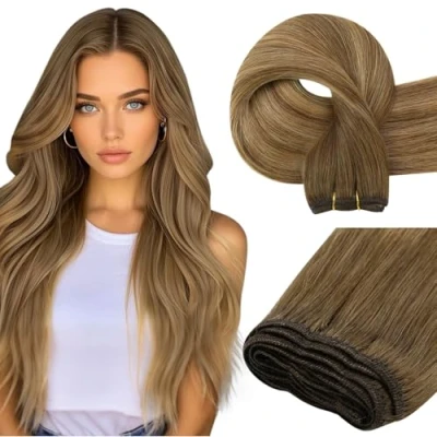 Abbildung von Easyouth Echthaar Tressen Extensions Braun Sew in Remy Haarverlangerung Mittelbraun Mix Honigblond und 70g 35 cm #4/27/4