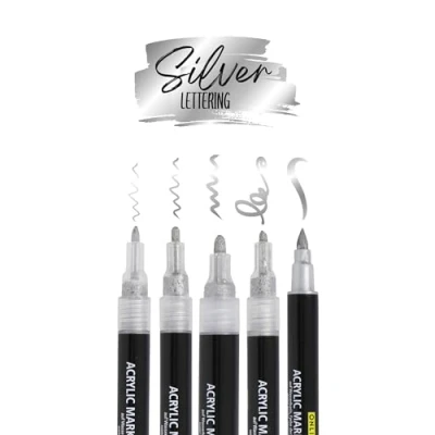 Abbildung von Online 5er Set Acryl Stifte Silver Stark deckend für Handlettering &amp; DIY I Brush Pen, Fineliner, Marker Metallic zum bemalen von Ostereiern, Papier, Glas, Holz, Stein, Stoff