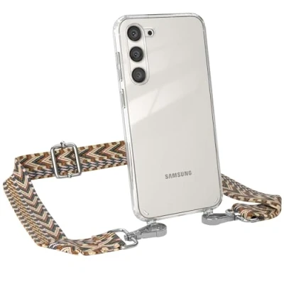 Abbildung von EAZY CASE Handykette Verstellbares Taschenband kompatibel mit Samsung Galaxy S23 Plus, Schulterriemen, Handykordel Silikon Hülle, Umhängetasche, Hell Braun/Braun Clips Silber
