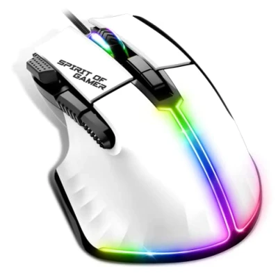 Abbildung von SPIRIT OF GAMER Weiß Gaming Maus PC mit 12800 DPI RGB 8 Programmierbaren Tasten darunter 1 Rapid Fire 13 Hintergrundbeleuchtungseffekte Ergonomische Mouse Daumenauflage