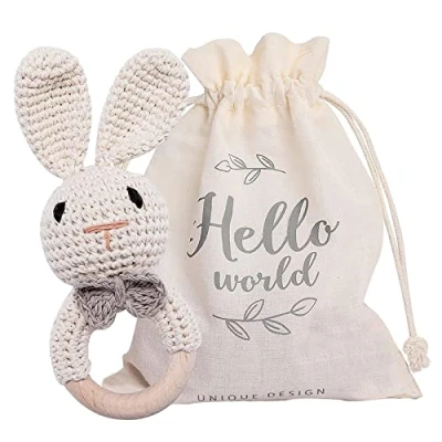 Abbildung von Youuys Babyrassel Gehäkelte Holz Häkeln Tiere Greifling Baby Rassel mit Sound Handmade für Neugeborenes Geschenk Junge und Mädchen zur Geburt (Hase)
