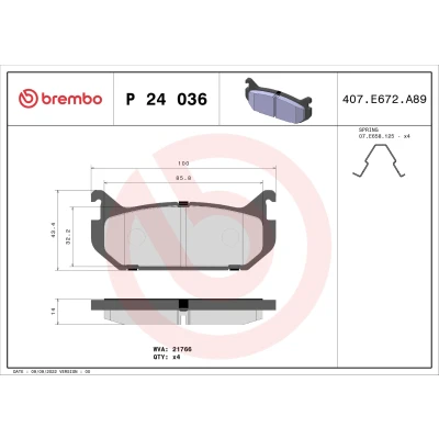 Abbildung von BREMBO P 24 036 Bremsbelagsatz exkl. Verschleißwarnkontakt mit Zubehör MAZDA: Xedos 6, 626 IV Schrägheck, Limousine, FORD USA: PROBE 2