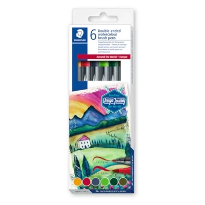 Abbildung von STAEDTLER Doppelfasermaler wasservermalbar, für Aquarell Effekte, zwei Linienbreiten, feine Spitze und breite Pinselspitze, Kartonetui mit 6 brillanten Farben, 3001 C6 1