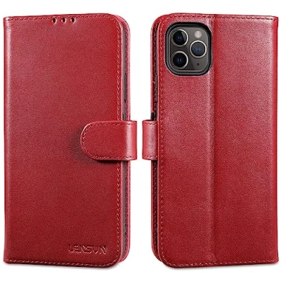 Abbildung von LENSUN Echtleder Hülle für iPhone 11 Pro Max, Handyhülle [Echtes Leder][Kartenfach][RFID Schutz] Handytasche Lederhülle Kompatibel mit Max Rot