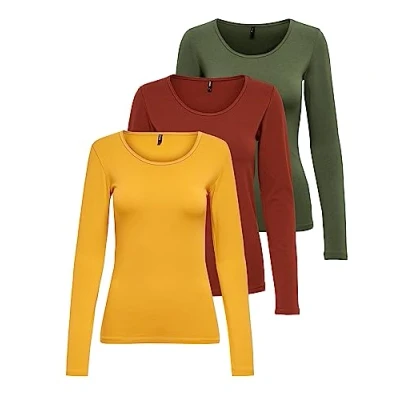 Abbildung von ONLY Damen Onllive Love LS O Neck TOP 3 Pack, Kalamata/Golden Yellow/Burnt Henna, XS