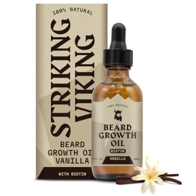 Abbildung von Striking Viking Bartwuchsöl mit Biotin Verdickendes und pflegendes Bartöl für Bartwuchs natürliches Bartserum das Wachstum der Gesichtsbehaarung Männer Vanille, 2 Fl Oz (Packung 1)
