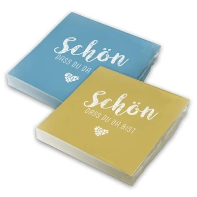 Abbildung von itenga Servietten Schön dass du da bist 30 x 30cm 3 lagig 40 Stück für Kommunion Konfirmation Hochzeit Taufe und andere Feiern (MixPack 20x Nordic Blue CurryGelb)