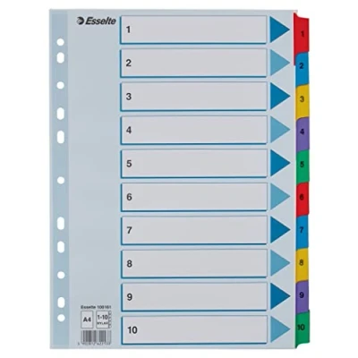 Abbildung von Esselte Register für A4, Deckblatt und 10 Trennblätter, Taben mit Zahlenaufdruck 1 10, Lochrand folienverstärkt (Mylar), Blau, Karton, 100161
